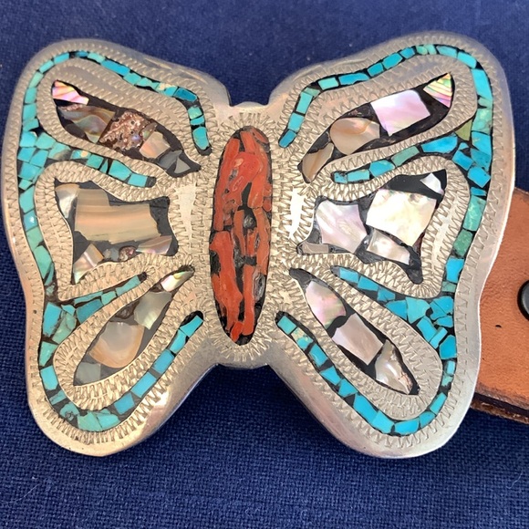 Butterfly Turquoise Coral Mother of Pearl Belt Buckle with Belt - Picture 2 of 12